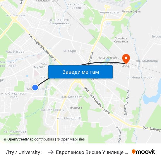 Лту / University Of Forestry (0614) to Европейско Висше Училище По Икономика И Мениджмънт map