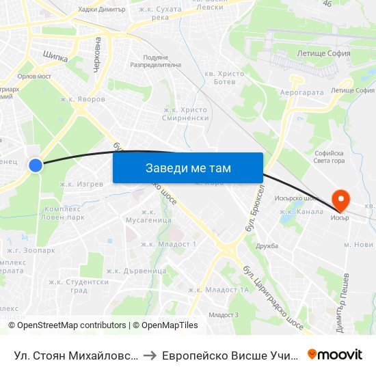 Ул. Стоян Михайловски / Stoyan Mihaylovski St. (2692) to Европейско Висше Училище По Икономика И Мениджмънт map