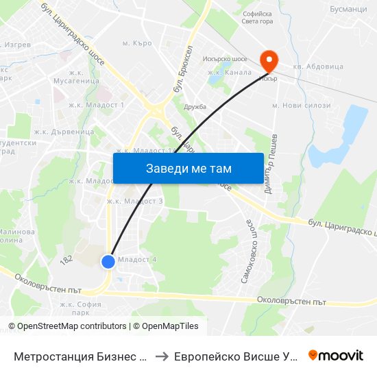 Метростанция Бизнес Парк / Business Park Metro Station (2490) to Европейско Висше Училище По Икономика И Мениджмънт map