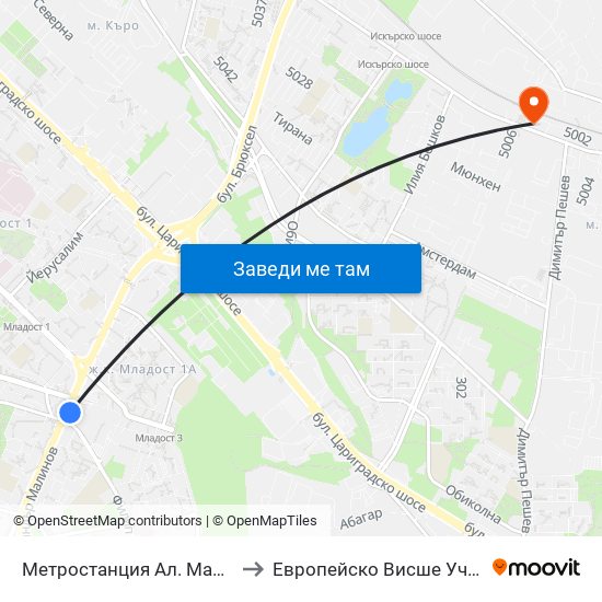 Метростанция Ал. Малинов / Al. Malinov Metro Station (0170) to Европейско Висше Училище По Икономика И Мениджмънт map
