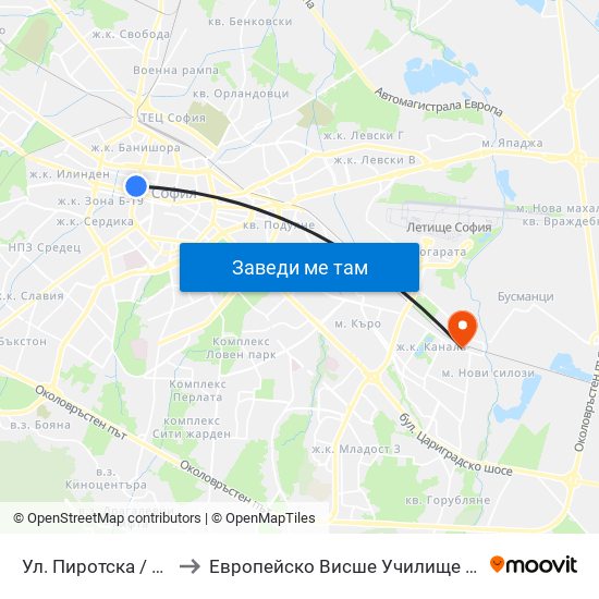 Ул. Пиротска / Pirotska St. (2111) to Европейско Висше Училище По Икономика И Мениджмънт map