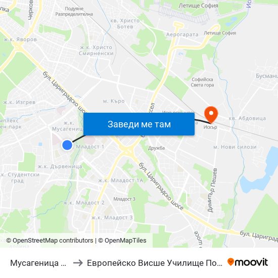 Мусагеница /  Musagenitsa to Европейско Висше Училище По Икономика И Мениджмънт map