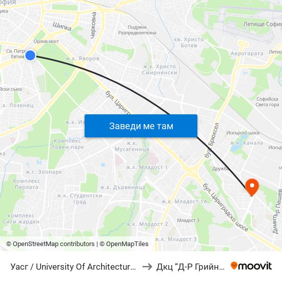 Уасг / University Of Architecture (0386) to Дкц “Д-Р Грийнберг” map