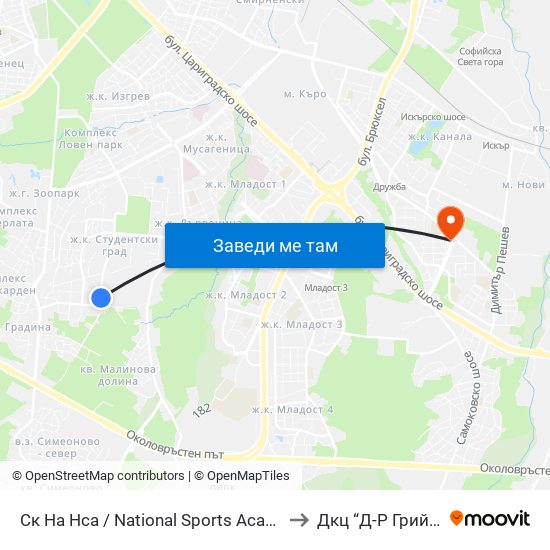 Ск На Нса / National Sports Academy (1609) to Дкц “Д-Р Грийнберг” map