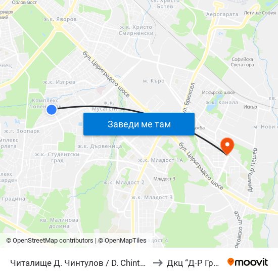 Читалище Д. Чинтулов / D. Chintulov Library (2365) to Дкц “Д-Р Грийнберг” map