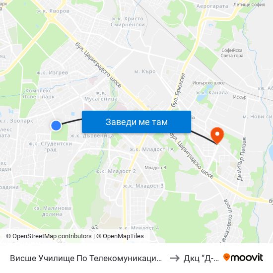 Висше Училище По Телекомуникации / University Of Telecommunications And Post (1396) to Дкц “Д-Р Грийнберг” map