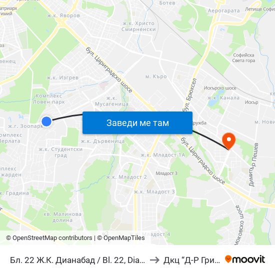 Бл. 22 Ж.К. Дианабад / Bl. 22, Dianabad Qr. (0124) to Дкц “Д-Р Грийнберг” map