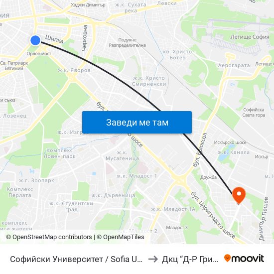 Софийски Университет / Sofia University (1700) to Дкц “Д-Р Грийнберг” map