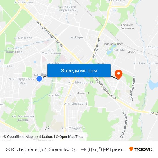 Ж.К. Дървеница / Darvenitsa Qr. (0800) to Дкц “Д-Р Грийнберг” map