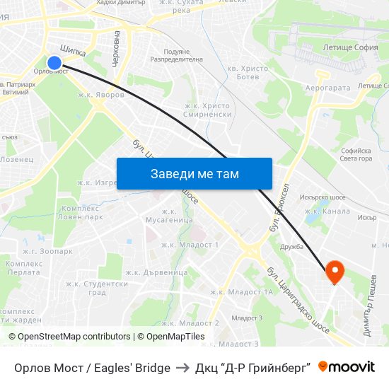 Орлов Мост / Eagles' Bridge to Дкц “Д-Р Грийнберг” map
