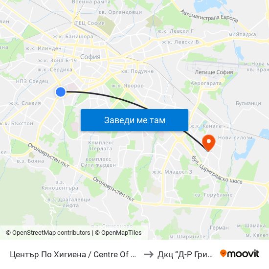 Център По Хигиена / Centre Of Hygiene (2343) to Дкц “Д-Р Грийнберг” map