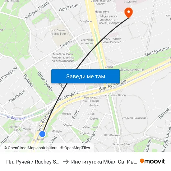 Пл. Ручей / Ruchey Sq. (1301) to Институтска Мбал Св. Иван Рилски map