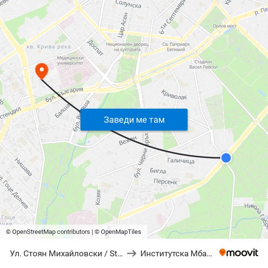 Ул. Стоян Михайловски / Stoyan Mihaylovski St. (2692) to Институтска Мбал Св. Иван Рилски map
