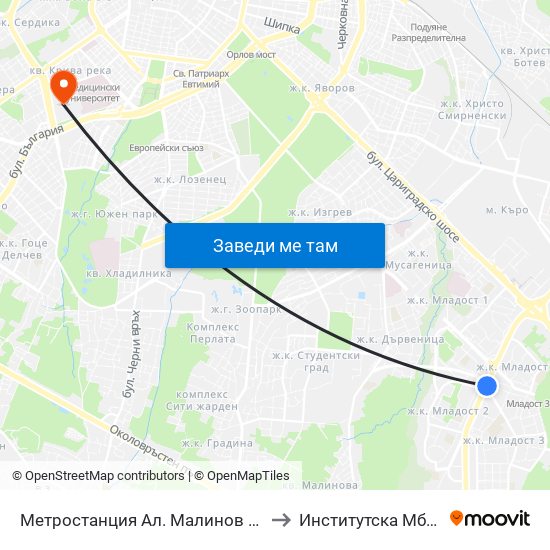 Метростанция Ал. Малинов / Al. Malinov Metro Station (0170) to Институтска Мбал Св. Иван Рилски map