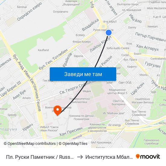 Пл. Руски Паметник / Russian Monument Sq. (1296) to Институтска Мбал Св. Иван Рилски map