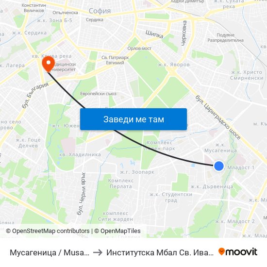 Мусагеница /  Musagenitsa to Институтска Мбал Св. Иван Рилски map