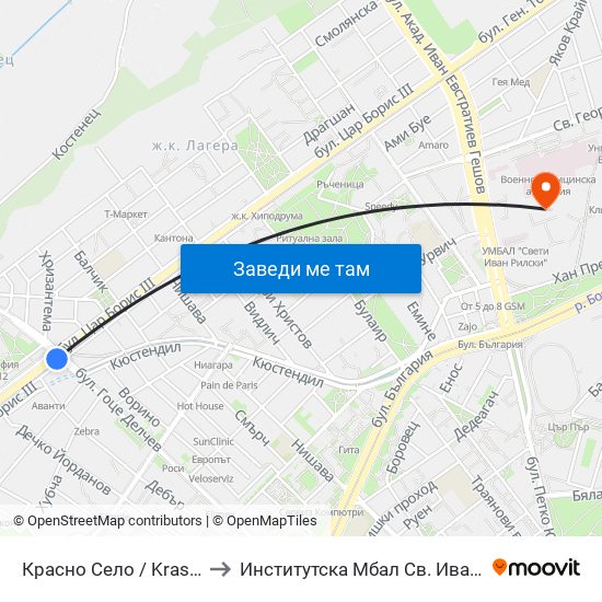 Красно Село / Krasno Selo to Институтска Мбал Св. Иван Рилски map