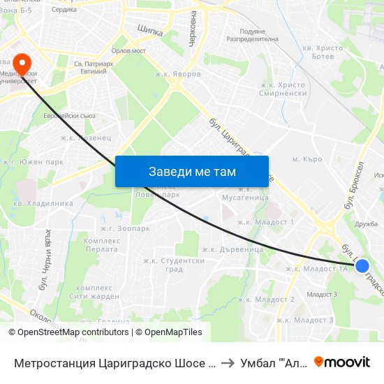 Метростанция Цариградско Шосе / Tsarigradsko Shosse Metro Station (1016) to Умбал ""Александровска"" map