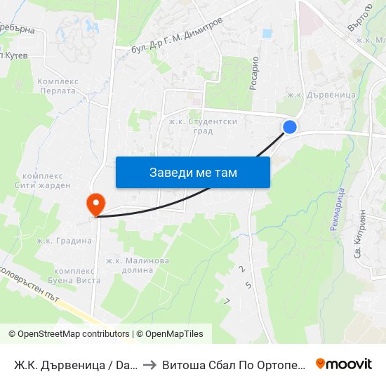 Ж.К. Дървеница / Darvenitsa Qr. (1012) to Витоша Сбал По Ортопедия И Травматология map