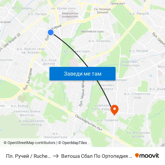 Пл. Ручей / Ruchey Sq. (1301) to Витоша Сбал По Ортопедия И Травматология map