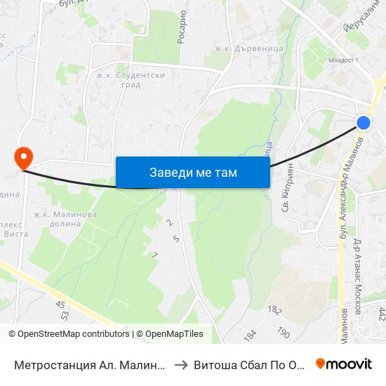 Метростанция Ал. Малинов / Al. Malinov Metro Station (0169) to Витоша Сбал По Ортопедия И Травматология map