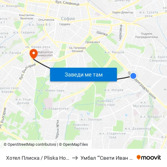 Хотел Плиска / Pliska Hotel (2326) to Умбал ""Свети Иван Рилски"" map