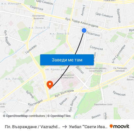 Пл. Възраждане / Vazrazhdane Sq. (1269) to Умбал ""Свети Иван Рилски"" map