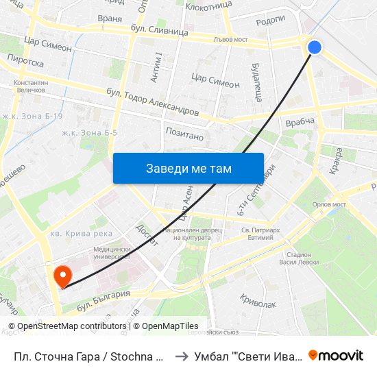 Пл. Сточна Гара / Stochna Gara Sq. (1316) to Умбал ""Свети Иван Рилски"" map