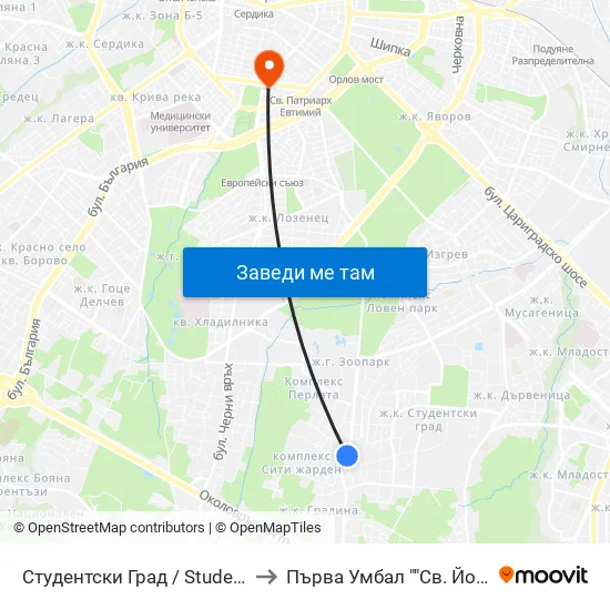 Студентски Град / Students' Town (2382) to Първа Умбал ""Св. Йоан Кръстител"" map