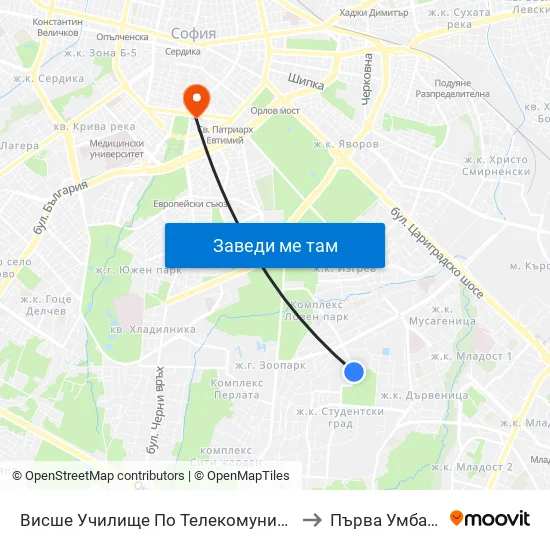 Висше Училище По Телекомуникации / University Of Telecommunications And Post (1397) to Първа Умбал ""Св. Йоан Кръстител"" map