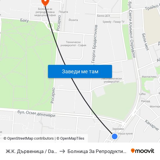 Ж.К. Дървеница / Darvenitsa Qr. (1012) to Болница За Репродуктивна Медицина София map