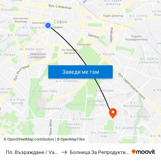 Пл. Възраждане / Vazrazhdane Sq. (1269) to Болница За Репродуктивна Медицина София map