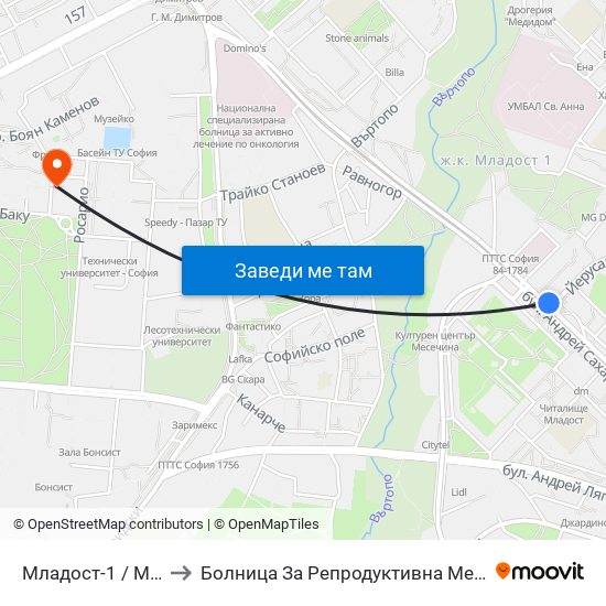 Младост-1 / Mladost 1 to Болница За Репродуктивна Медицина София map