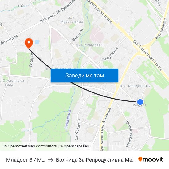 Младост-3 / Mladost 3 to Болница За Репродуктивна Медицина София map