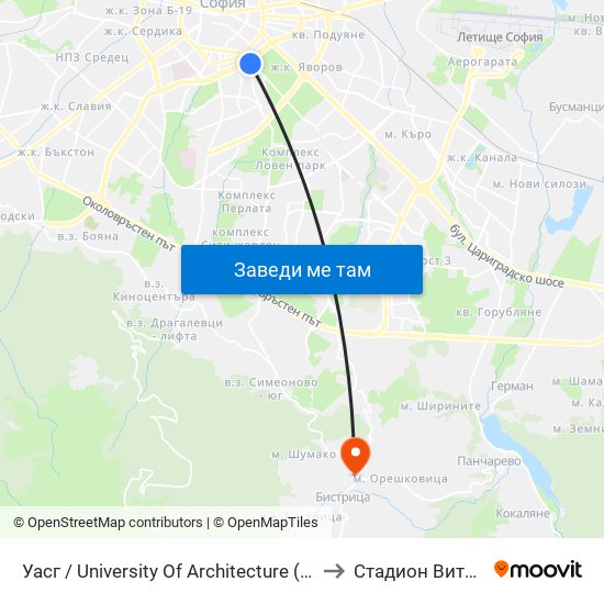 Уасг / University Of Architecture (0387) to Стадион Витоша map