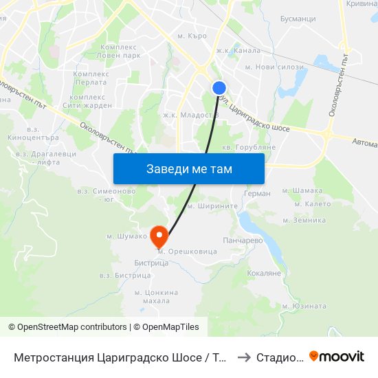 Метростанция Цариградско Шосе / Tsarigradsko Shosse Metro Station (1016) to Стадион Витоша map