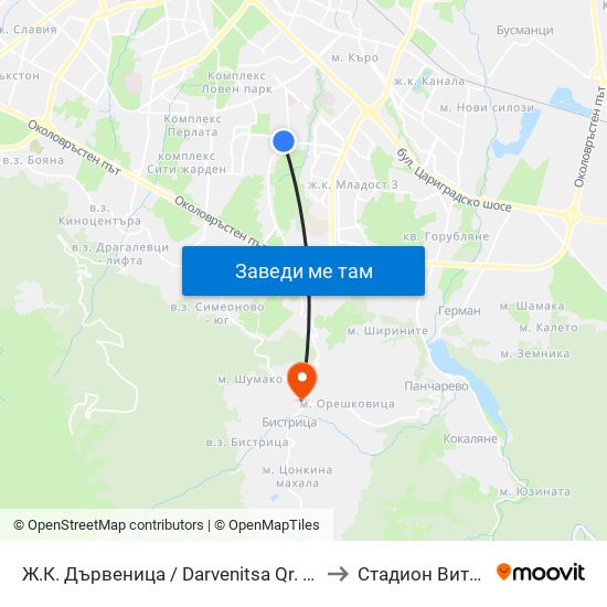 Ж.К. Дървеница / Darvenitsa Qr. (1012) to Стадион Витоша map