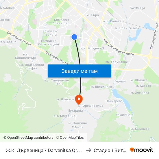 Ж.К. Дървеница / Darvenitsa Qr. (1015) to Стадион Витоша map