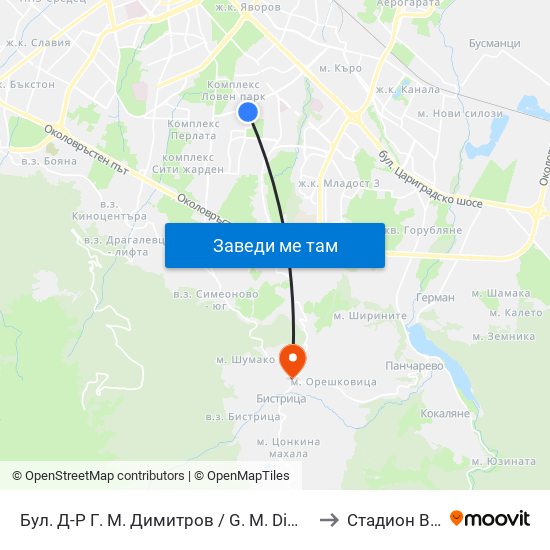 Бул. Д-Р Г. М. Димитров / G. M. Dimitrov Blvd. (0318) to Стадион Витоша map