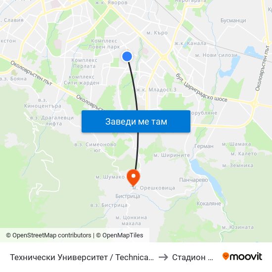 Технически Университет / Technical University (1743) to Стадион Витоша map