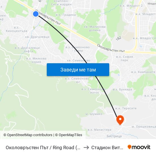 Околовръстен Път / Ring Road (1177) to Стадион Витоша map