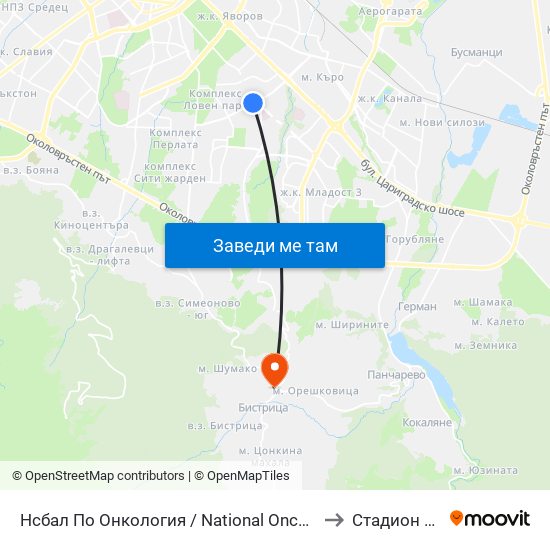 Нсбал По Онкология / National Oncology Hospital (2542) to Стадион Витоша map