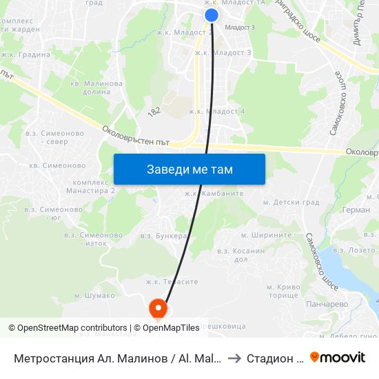 Метростанция Ал. Малинов / Al. Malinov Metro Station (0170) to Стадион Витоша map