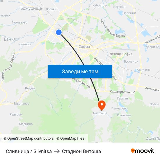 Сливница / Slivnitsa to Стадион Витоша map