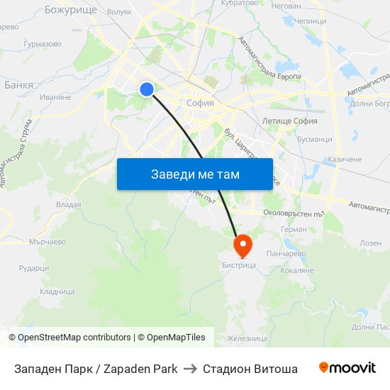 Западен Парк / Zapaden Park to Стадион Витоша map