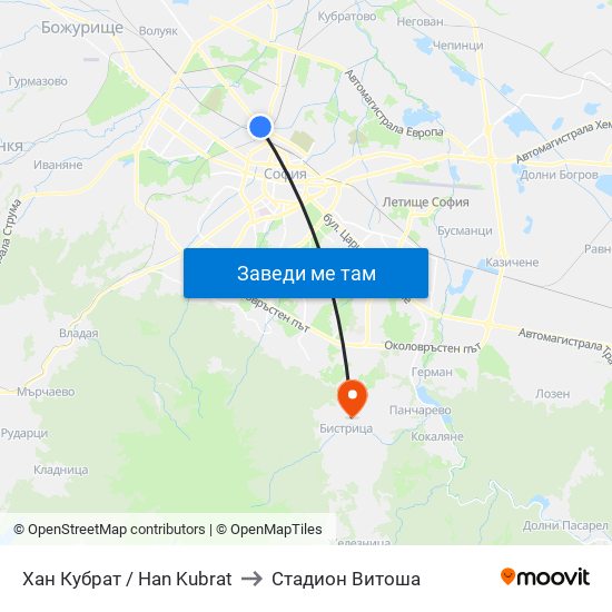 Хан Кубрат / Han Kubrat to Стадион Витоша map