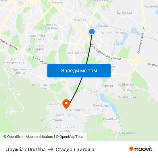 Дружба / Druzhba to Стадион Витоша map