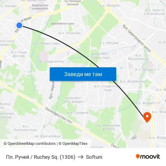 Пл. Ручей / Ruchey Sq. (1306) to Softuni map