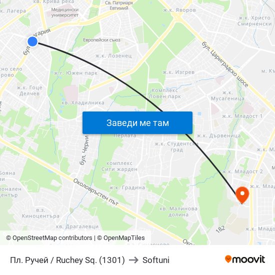 Пл. Ручей / Ruchey Sq. (1301) to Softuni map
