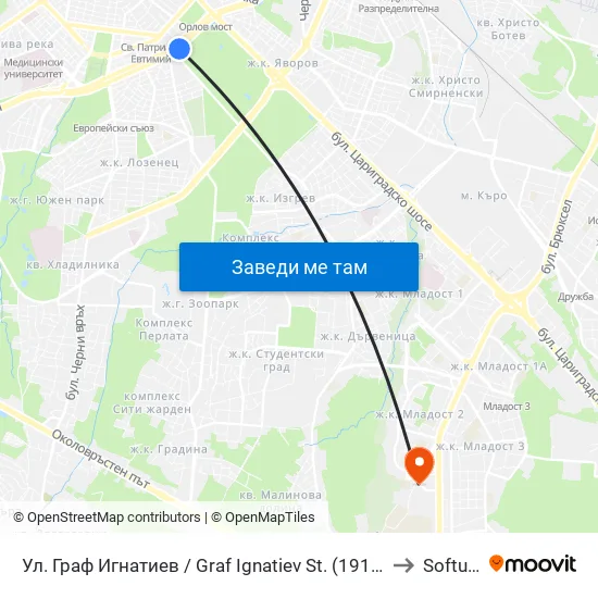 Ⓜ️🎓🏟️ Ул. Граф Игнатиев / Graf Ignatiev St. (1913) to Softuni map